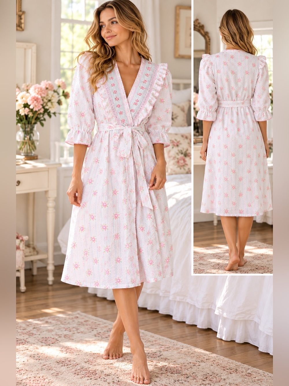 Vintage Floral House Dress Robe S/M Cottagecore Ruffle Wrap Peasant Floral Beach